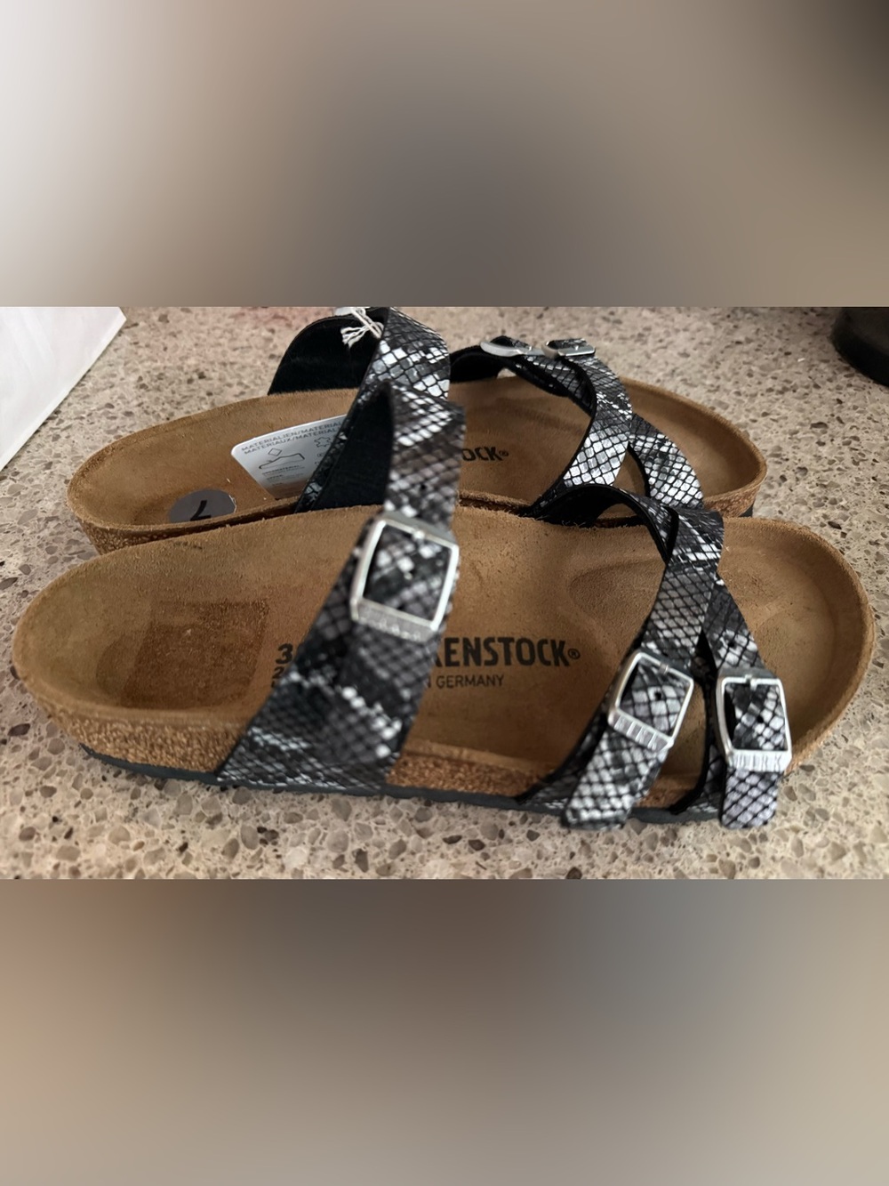 Birkenstock Black & White Snakeskin-Pattern Double Buckle Sandals